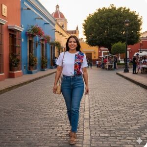 Mexican Embroidered Tops Traditional Blouse Women's Floral Tunic Round Neck, L